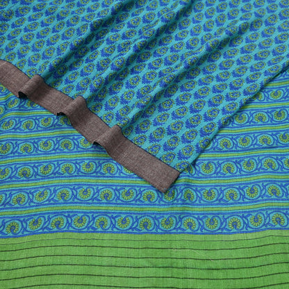 Indian Vintage Green & Blue Saree Pure Woolen Woven Printed Sari Warm Craft Fabric 5Yd Border Dress making Crafting Designing