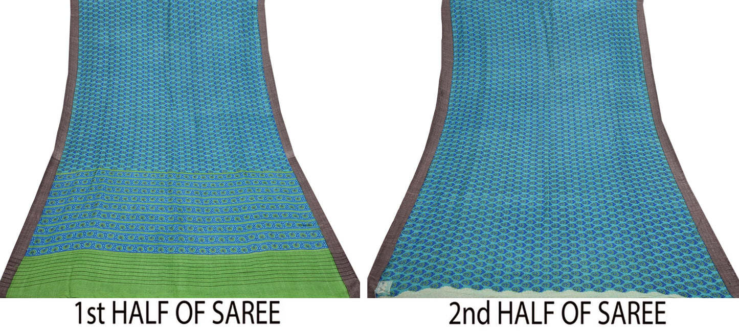 Indian Vintage Green & Blue Saree Pure Woolen Woven Printed Sari Warm Craft Fabric 5Yd Border Dress making Crafting Designing