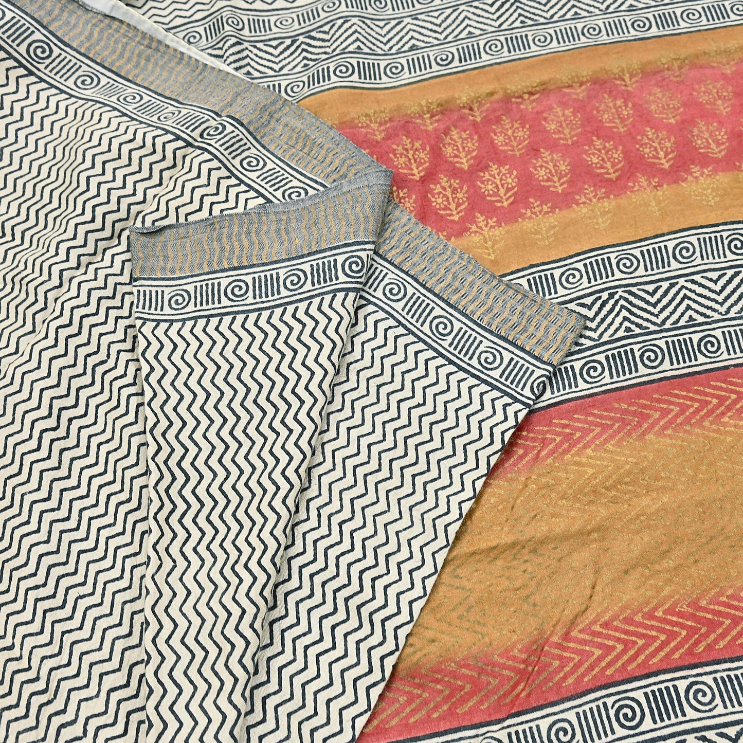 Indian Vintage Black & Ivory Saree Pure Woolen Woven Painted Sari Warm Craft Fabric 5Yd Border Dress making Crafting Designing