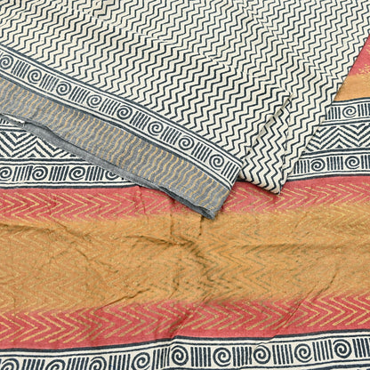 Indian Vintage Black & Ivory Saree Pure Woolen Woven Painted Sari Warm Craft Fabric 5Yd Border Dress making Crafting Designing