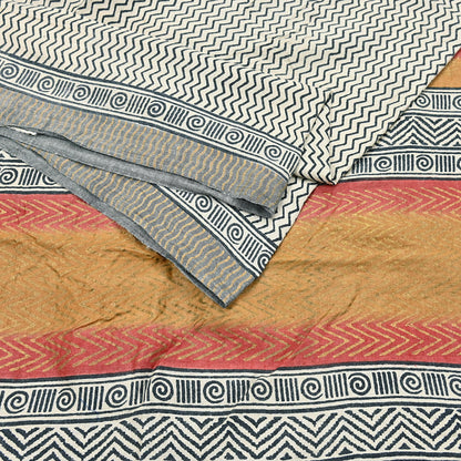 Indian Vintage Black & Ivory Saree Pure Woolen Woven Painted Sari Warm Craft Fabric 5Yd Border Dress making Crafting Designing