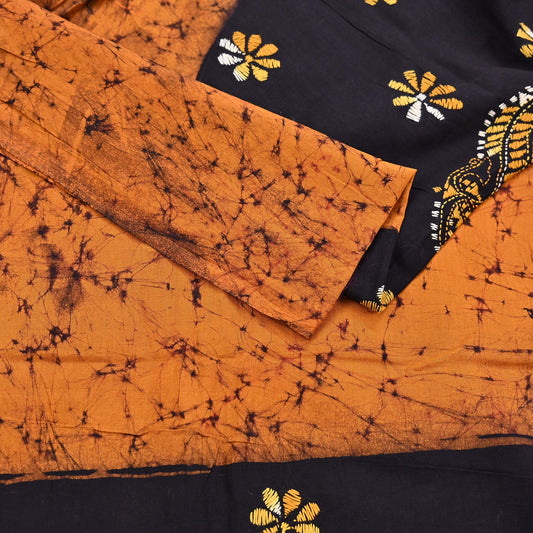 Indian Vintage saffron & brown Dupatta Long Stole Pure Cotton Hand Embroidered Kantha Batik Indian Scarves Veil Scarf Wrap