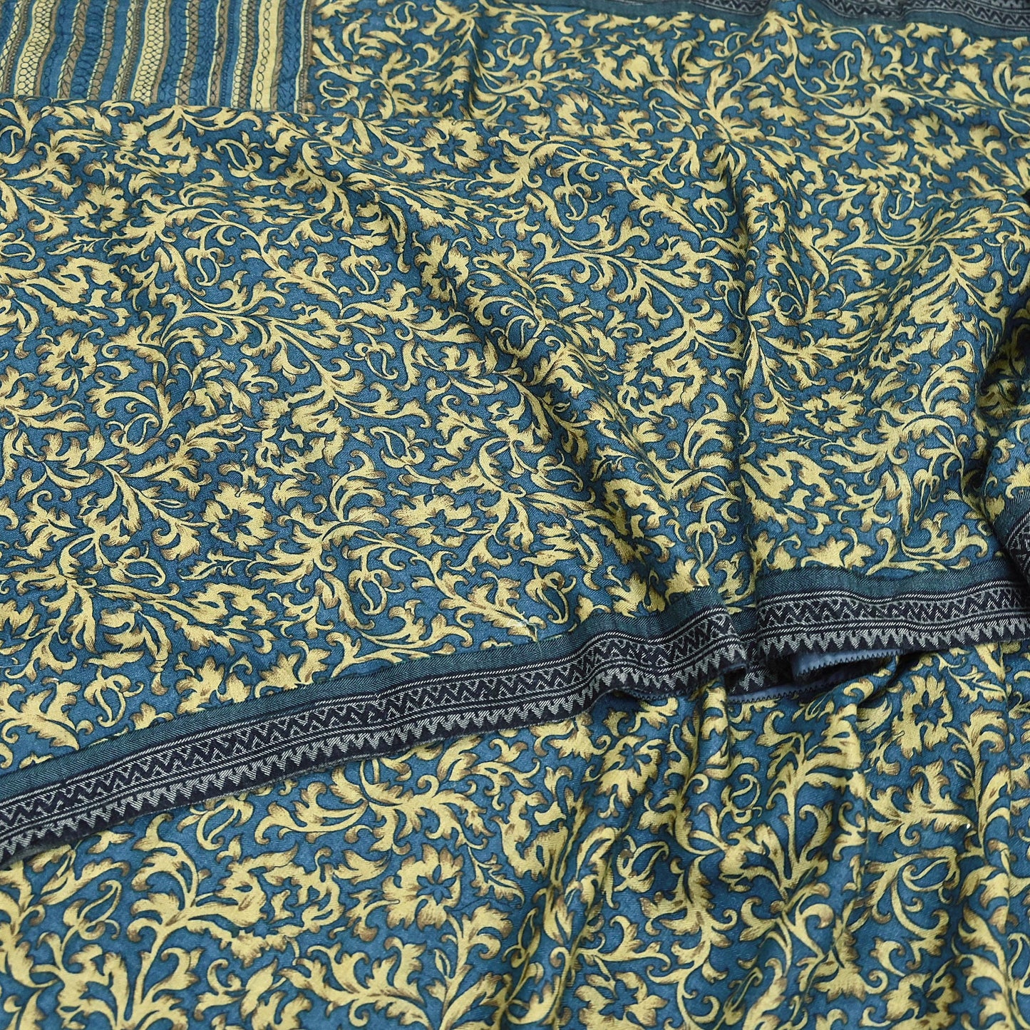 Indian Vintage Beige & Blue Saree Pure Woolen Woven Printed Sari Warm Craft Fabric 5Yd Border Dress making Crafting Designing