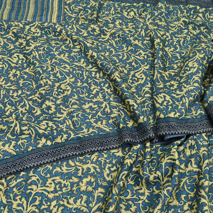 Indian Vintage Beige & Blue Saree Pure Woolen Woven Printed Sari Warm Craft Fabric 5Yd Border Dress making Crafting Designing