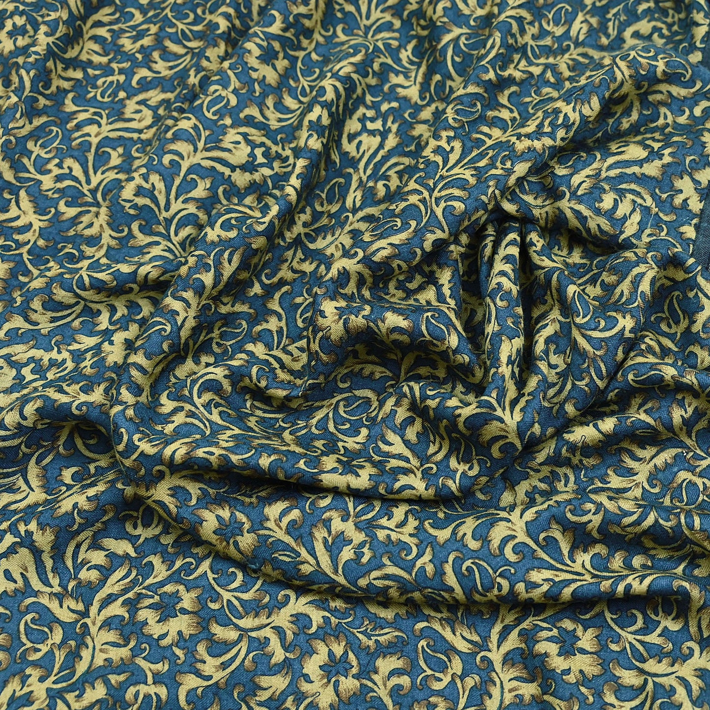 Indian Vintage Beige & Blue Saree Pure Woolen Woven Printed Sari Warm Craft Fabric 5Yd Border Dress making Crafting Designing