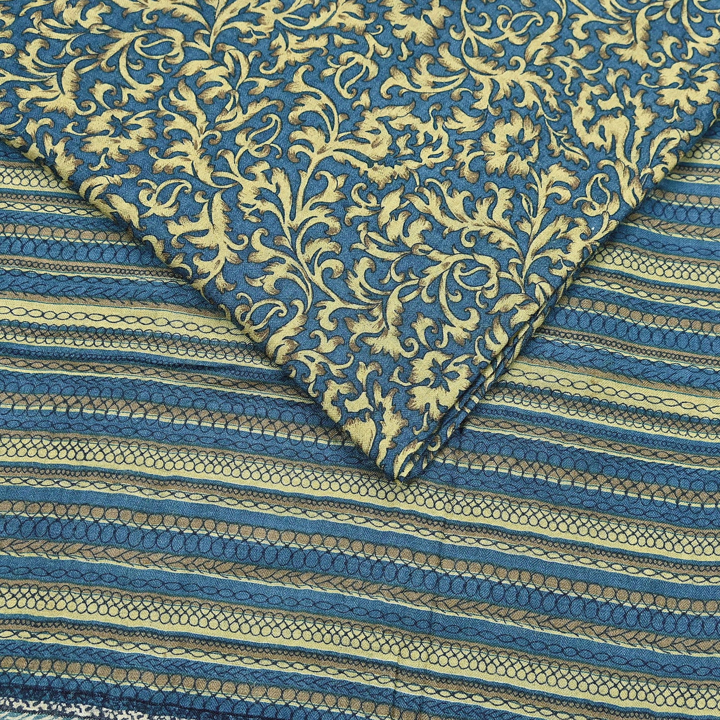Indian Vintage Beige & Blue Saree Pure Woolen Woven Printed Sari Warm Craft Fabric 5Yd Border Dress making Crafting Designing
