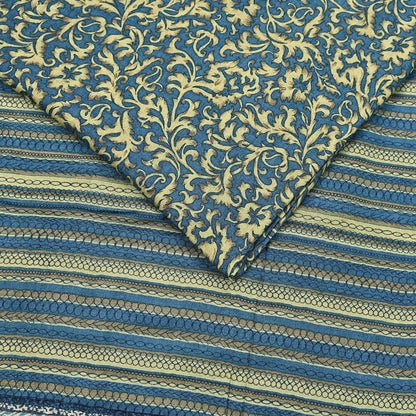 Indian Vintage Beige & Blue Saree Pure Woolen Woven Printed Sari Warm Craft Fabric 5Yd Border Dress making Crafting Designing