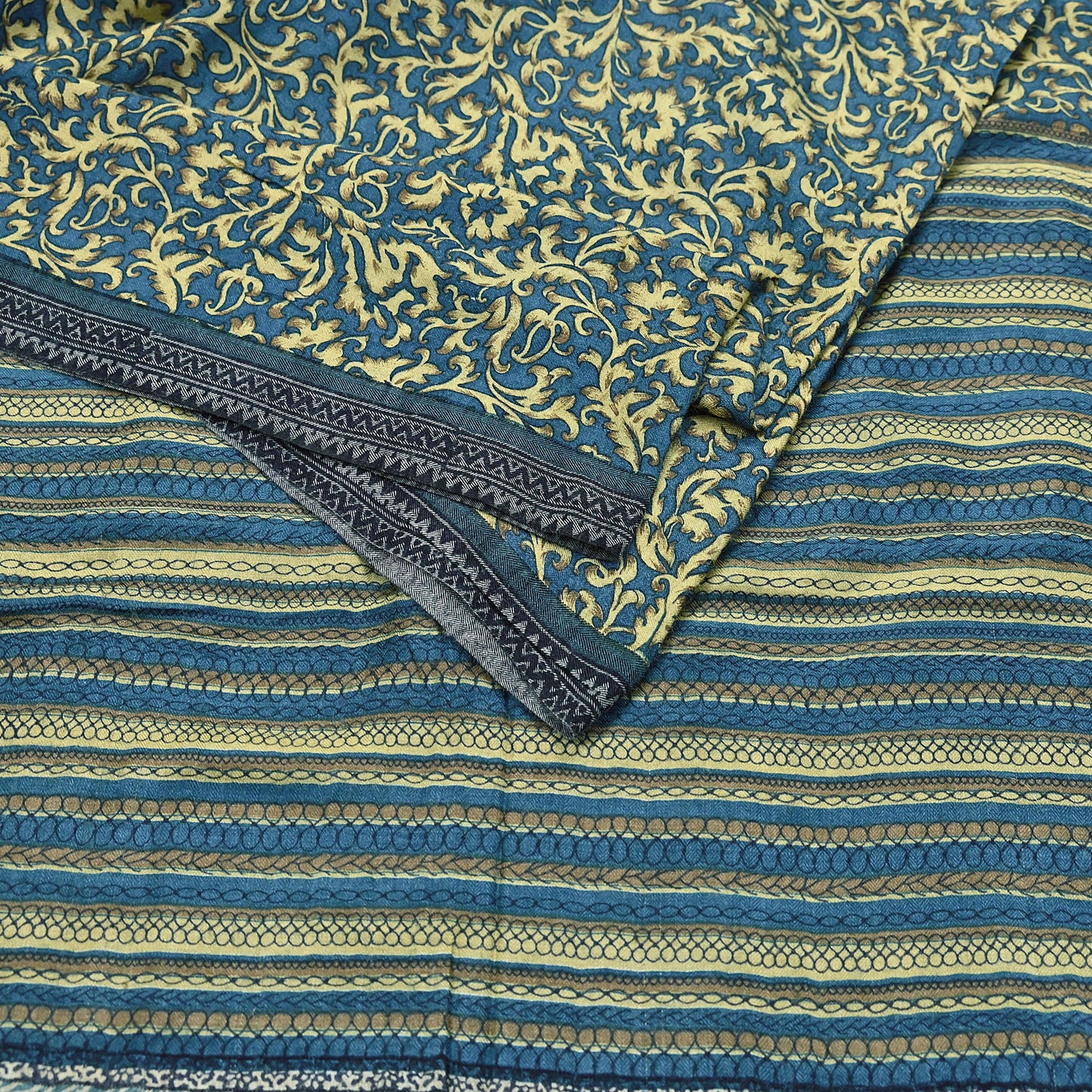 Indian Vintage Beige & Blue Saree Pure Woolen Woven Printed Sari Warm Craft Fabric 5Yd Border Dress making Crafting Designing