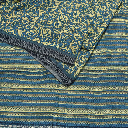 Indian Vintage Beige & Blue Saree Pure Woolen Woven Printed Sari Warm Craft Fabric 5Yd Border Dress making Crafting Designing