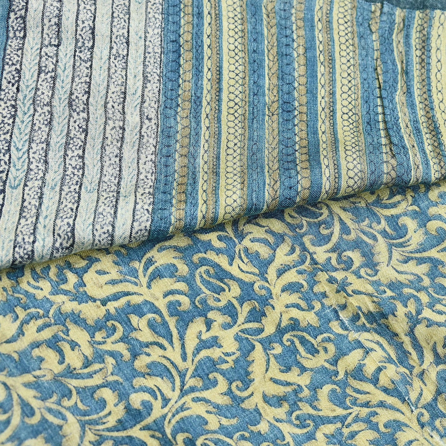 Indian Vintage Beige & Blue Saree Pure Woolen Woven Printed Sari Warm Craft Fabric 5Yd Border Dress making Crafting Designing