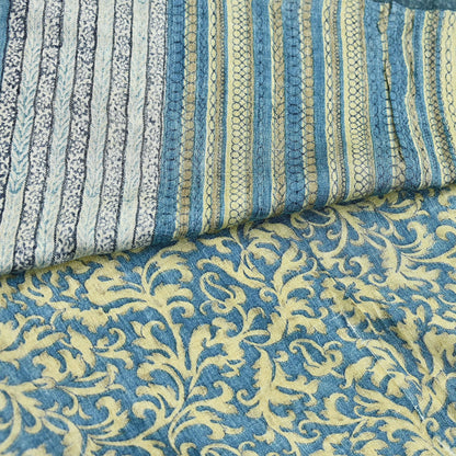 Indian Vintage Beige & Blue Saree Pure Woolen Woven Printed Sari Warm Craft Fabric 5Yd Border Dress making Crafting Designing