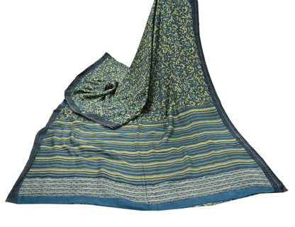 Indian Vintage Beige & Blue Saree Pure Woolen Woven Printed Sari Warm Craft Fabric 5Yd Border Dress making Crafting Designing