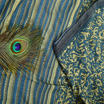 Indian Vintage Beige & Blue Saree Pure Woolen Woven Printed Sari Warm Craft Fabric 5Yd Border Dress making Crafting Designing
