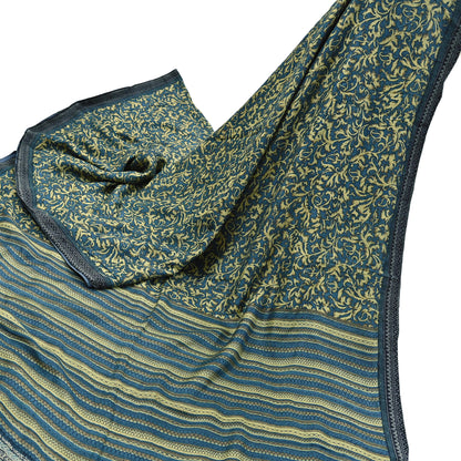 Indian Vintage Beige & Blue Saree Pure Woolen Woven Printed Sari Warm Craft Fabric 5Yd Border Dress making Crafting Designing