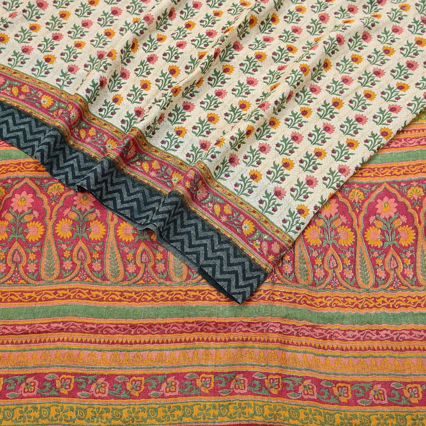 Vintage Red Beige Wool Saree Indian Pure Woolen Woven Floral Fabric 5 Yard Soft Warm Craft Material for Winter Sewing & Dressmaking