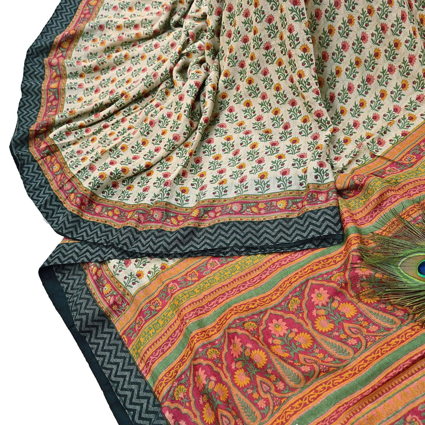 Vintage Red Beige Wool Saree Indian Pure Woolen Woven Floral Fabric 5 Yard Soft Warm Craft Material for Winter Sewing & Dressmaking