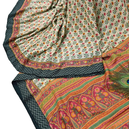 Vintage Red Beige Wool Saree Indian Pure Woolen Woven Floral Fabric 5 Yard Soft Warm Craft Material for Winter Sewing & Dressmaking