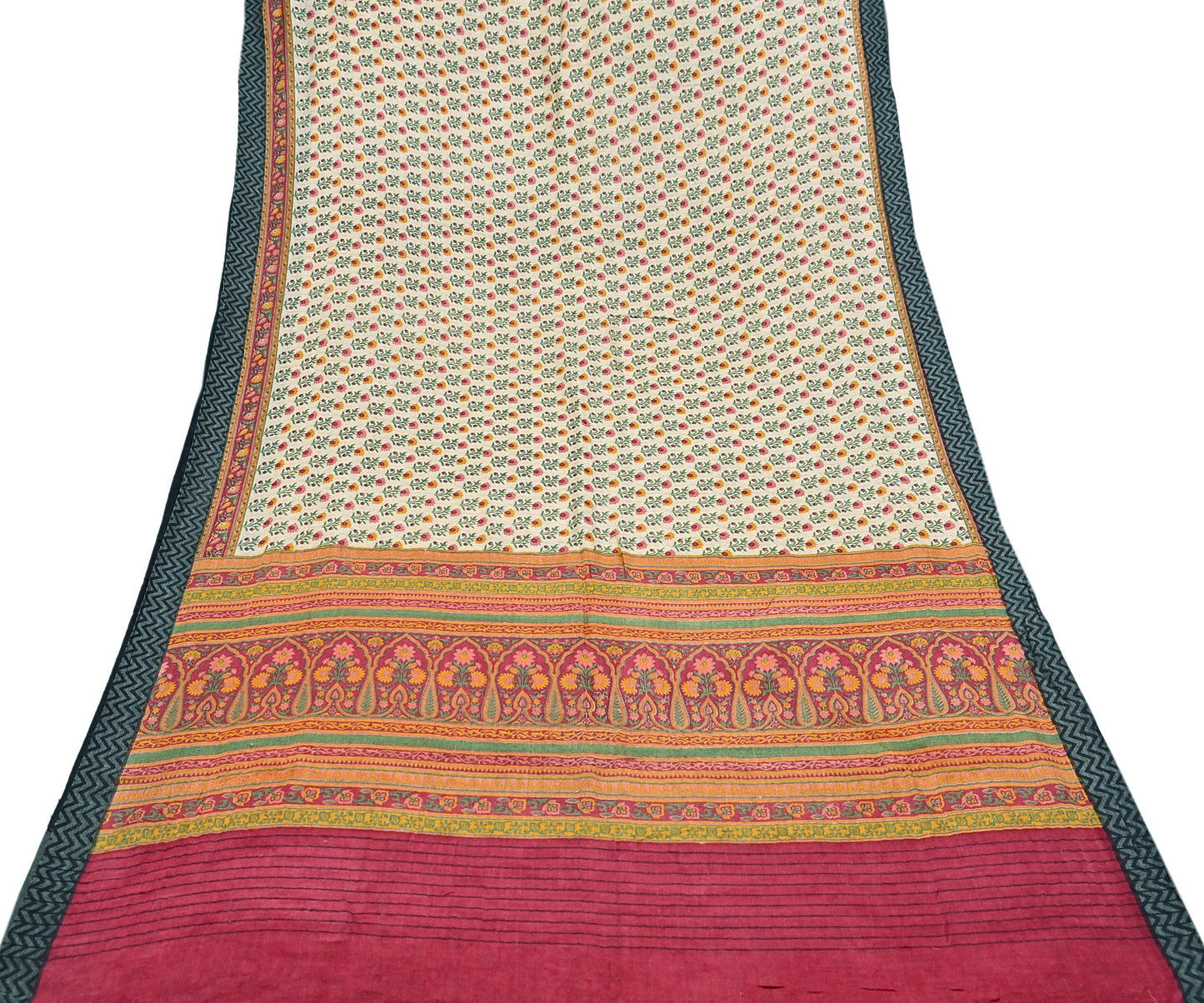 Vintage Red Beige Wool Saree Indian Pure Woolen Woven Floral Fabric 5 Yard Soft Warm Craft Material for Winter Sewing & Dressmaking