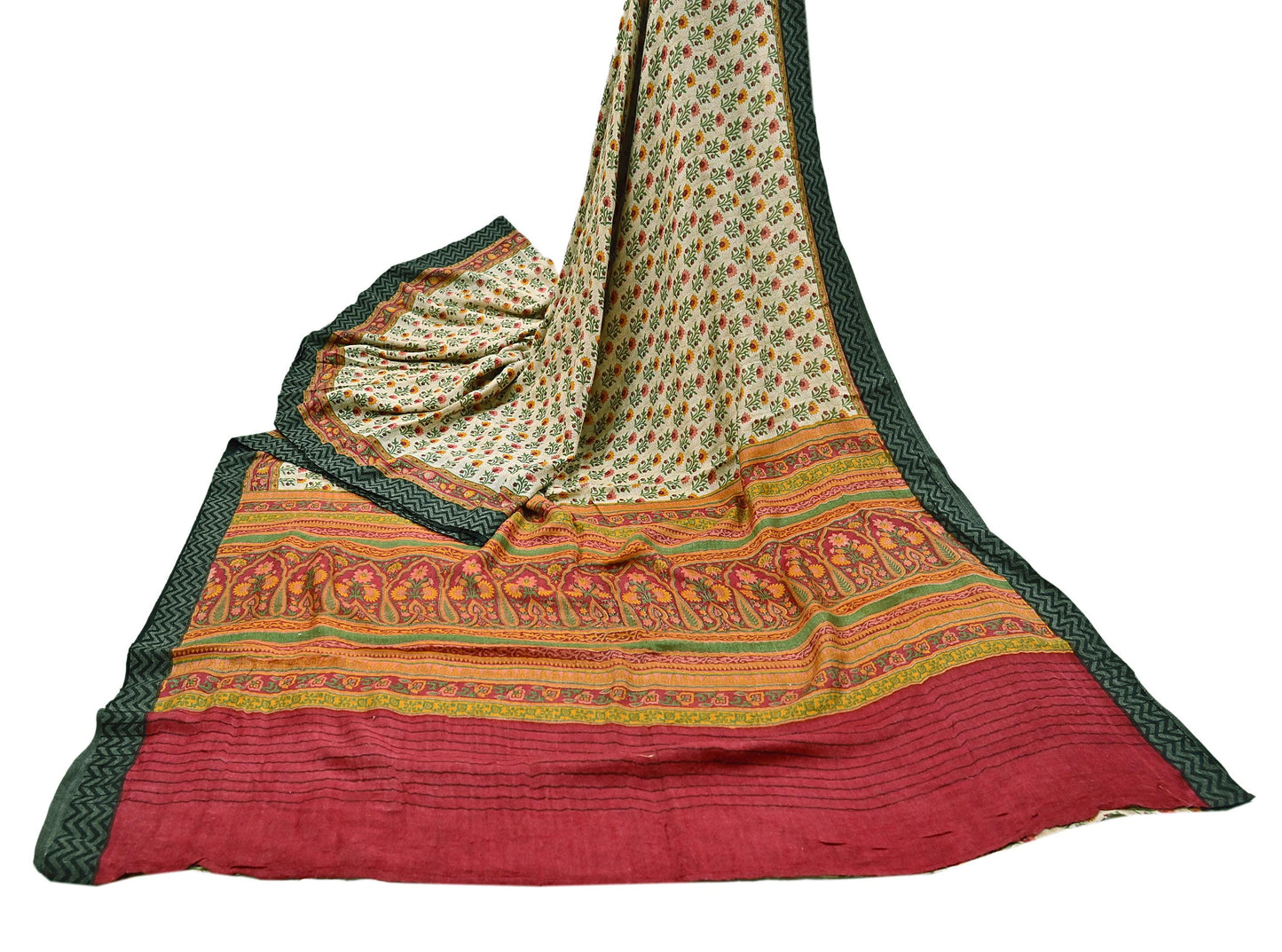 Vintage Red Beige Wool Saree Indian Pure Woolen Woven Floral Fabric 5 Yard Soft Warm Craft Material for Winter Sewing & Dressmaking