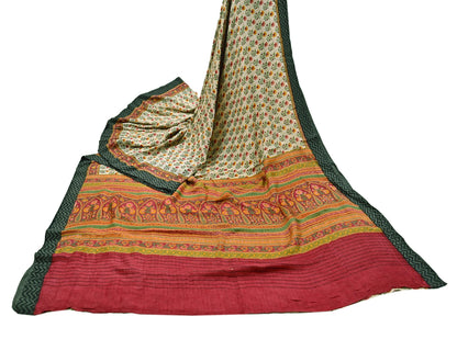 Vintage Red Beige Wool Saree Indian Pure Woolen Woven Floral Fabric 5 Yard Soft Warm Craft Material for Winter Sewing & Dressmaking