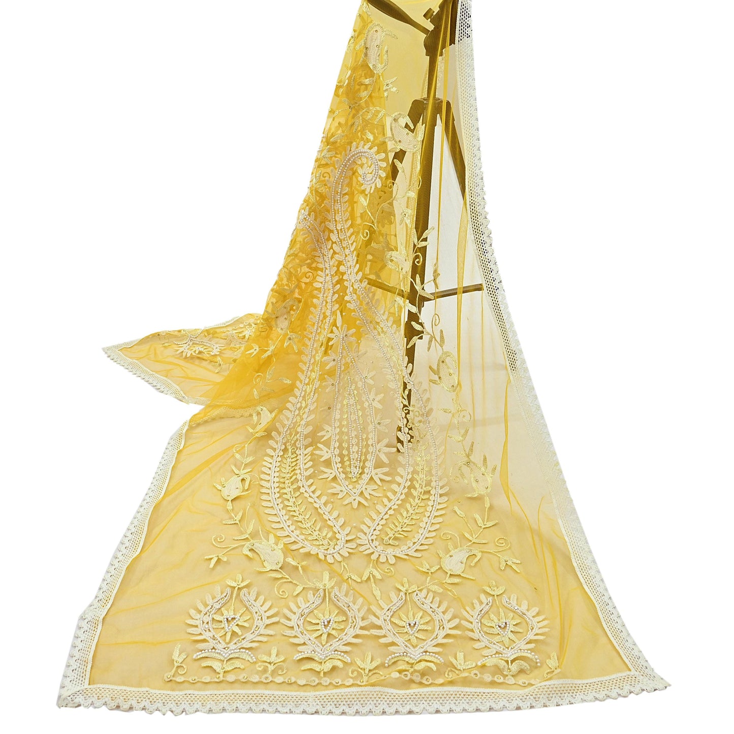 Indian Vintage Yellow Dupatta Long Stole Net Mess Hand Embroidered Scarves Veil Hijab Sequins stole veil hijab