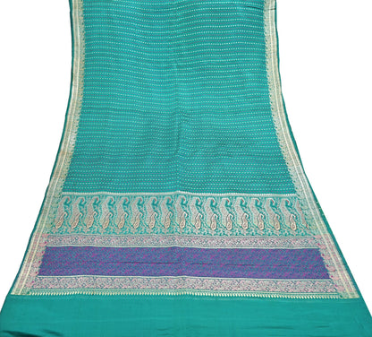 Indian Vintage Sari Green Heavy Pure Satin Silk Woven Banarasi Tanchoi Saree 5Yd Ethnic Craft Fabric Upcycle Bridal Heavy Sarees