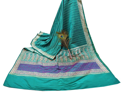 Indian Vintage Sari Green Heavy Pure Satin Silk Woven Banarasi Tanchoi Saree 5Yd Ethnic Craft Fabric Upcycle Bridal Heavy Sarees