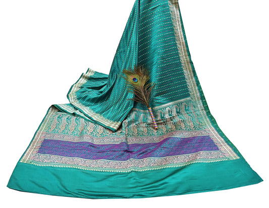 Indian Vintage Sari Green Heavy Pure Satin Silk Woven Banarasi Tanchoi Saree 5Yd Ethnic Craft Fabric Upcycle Bridal Heavy Sarees
