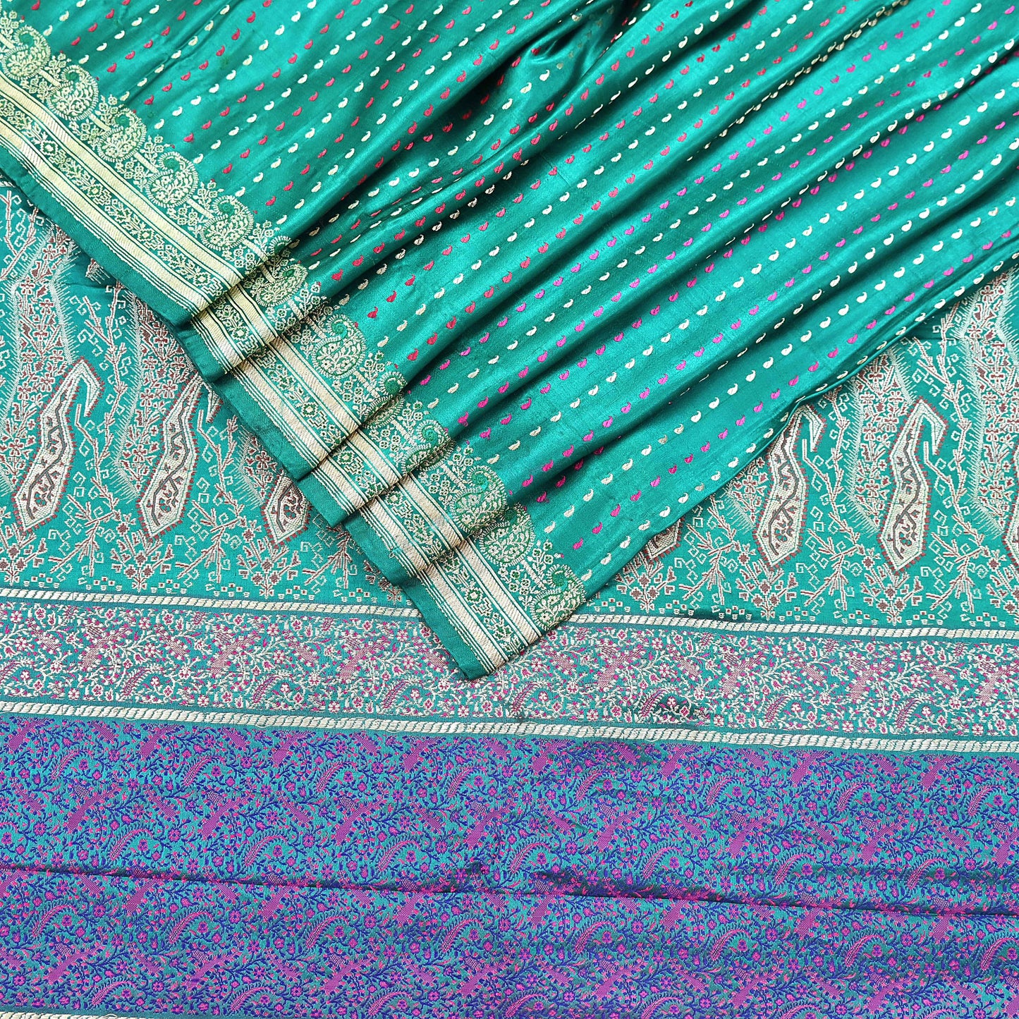 Indian Vintage Sari Green Heavy Pure Satin Silk Woven Banarasi Tanchoi Saree 5Yd Ethnic Craft Fabric Upcycle Bridal Heavy Sarees