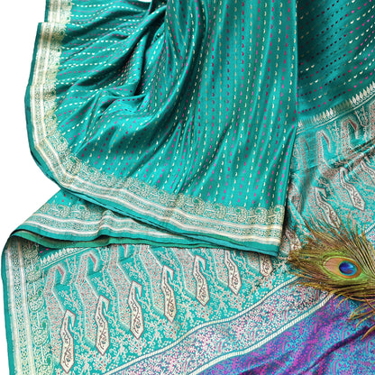 Indian Vintage Sari Green Heavy Pure Satin Silk Woven Banarasi Tanchoi Saree 5Yd Ethnic Craft Fabric Upcycle Bridal Heavy Sarees