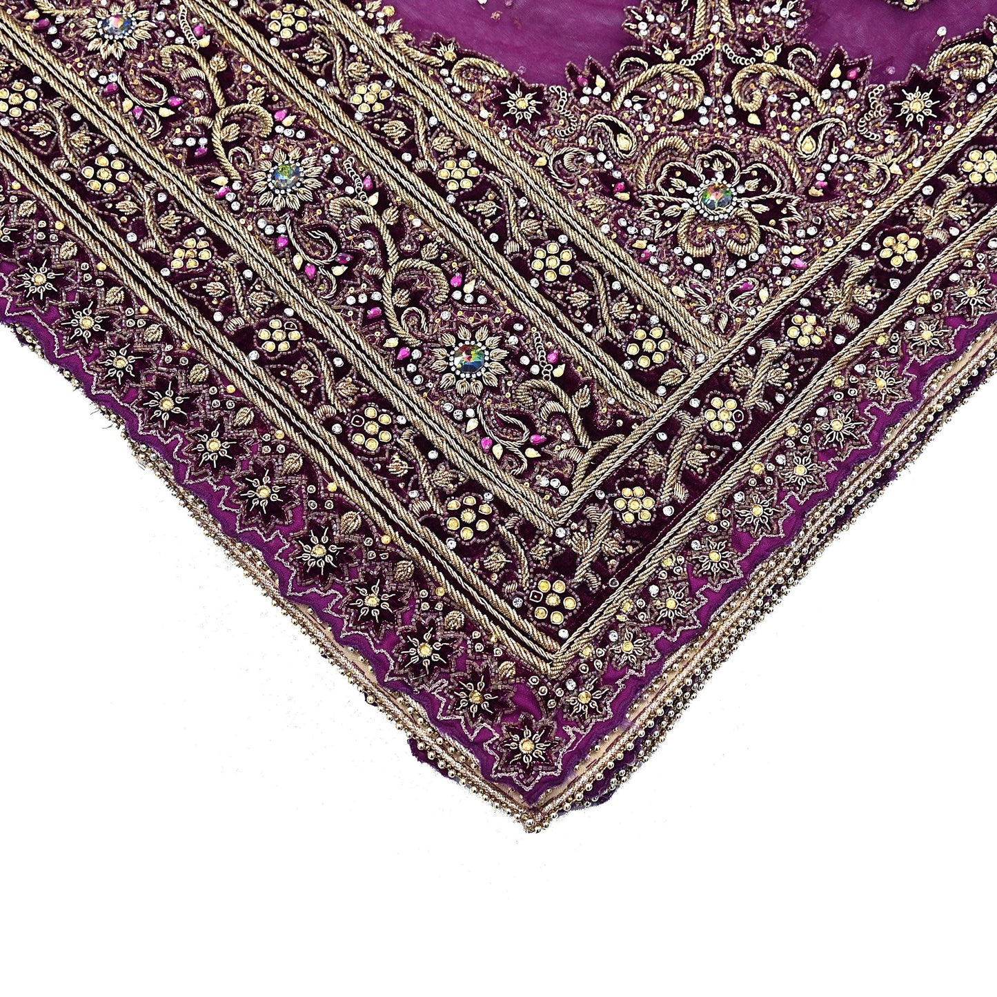 Indian Vintage Heavy Wedding Purple Dupatta Net Mesh Long Stole Hand Embroidered Scarves Golden Zardozi Dabka Zari Veil