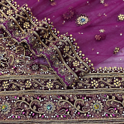 Indian Vintage Heavy Wedding Purple Dupatta Net Mesh Long Stole Hand Embroidered Scarves Golden Zardozi Dabka Zari Veil
