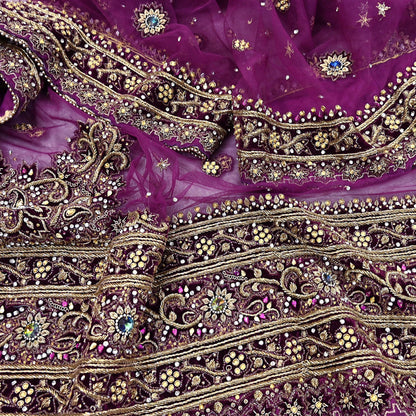 Indian Vintage Heavy Wedding Purple Dupatta Net Mesh Long Stole Hand Embroidered Scarves Golden Zardozi Dabka Zari Veil