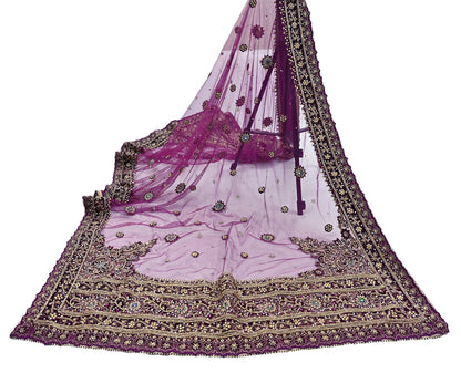 Indian Vintage Heavy Wedding Purple Dupatta Net Mesh Long Stole Hand Embroidered Scarves Golden Zardozi Dabka Zari Veil