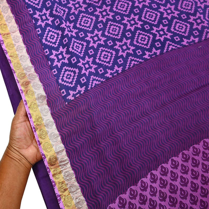 Indian Vintage Sari Blue & Purple Printed Pure Cotton Sarees Craft Fabric 5Yd Soft Sewing Sarong Wrap Boho Floral Quilting Dress making