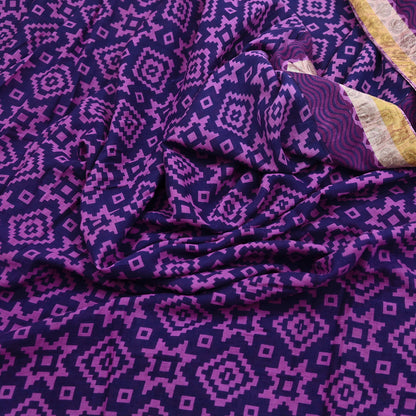 Indian Vintage Sari Blue & Purple Printed Pure Cotton Sarees Craft Fabric 5Yd Soft Sewing Sarong Wrap Boho Floral Quilting Dress making
