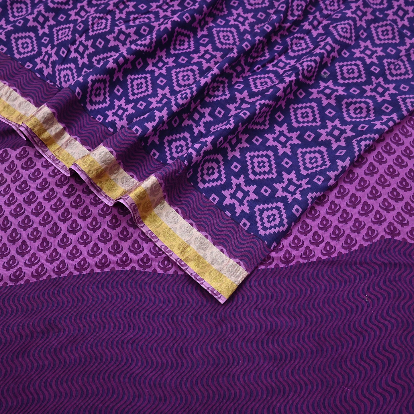 Indian Vintage Sari Blue & Purple Printed Pure Cotton Sarees Craft Fabric 5Yd Soft Sewing Sarong Wrap Boho Floral Quilting Dress making