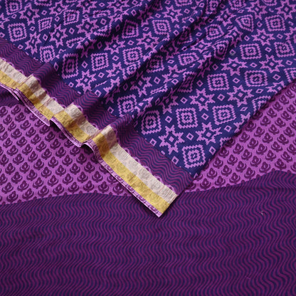 Indian Vintage Sari Blue & Purple Printed Pure Cotton Sarees Craft Fabric 5Yd Soft Sewing Sarong Wrap Boho Floral Quilting Dress making