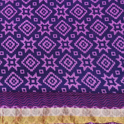 Indian Vintage Sari Blue & Purple Printed Pure Cotton Sarees Craft Fabric 5Yd Soft Sewing Sarong Wrap Boho Floral Quilting Dress making
