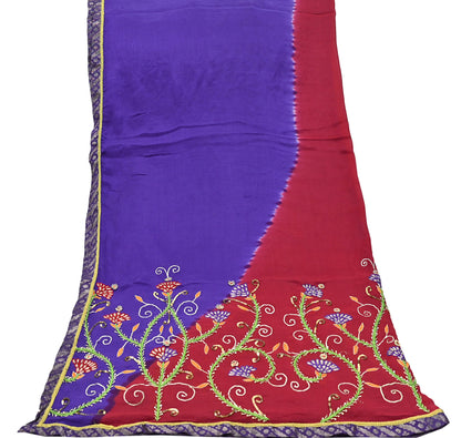 Indian Vintage Purple & Red Dupatta Pure Silk Long Stole Hand Embroidered Scarves Floral Design Stole Veil Wrap Sequins