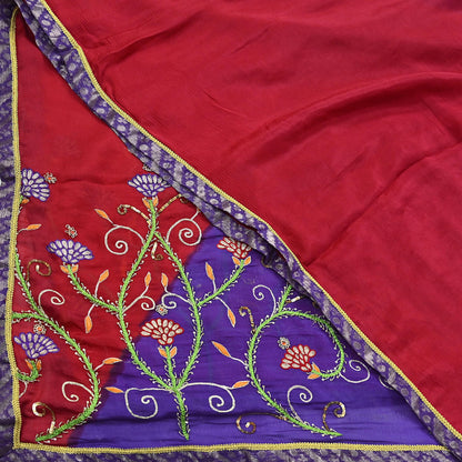 Indian Vintage Purple & Red Dupatta Pure Silk Long Stole Hand Embroidered Scarves Floral Design Stole Veil Wrap Sequins