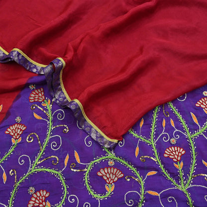 Indian Vintage Purple & Red Dupatta Pure Silk Long Stole Hand Embroidered Scarves Floral Design Stole Veil Wrap Sequins