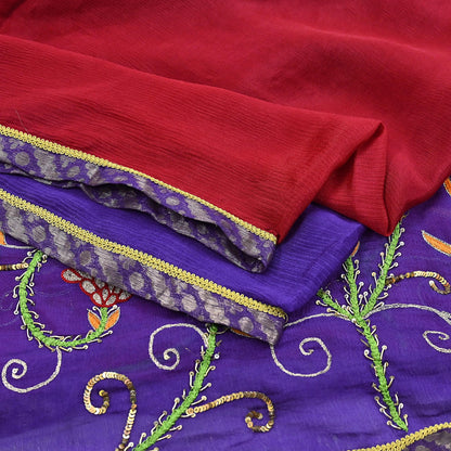 Indian Vintage Purple & Red Dupatta Pure Silk Long Stole Hand Embroidered Scarves Floral Design Stole Veil Wrap Sequins