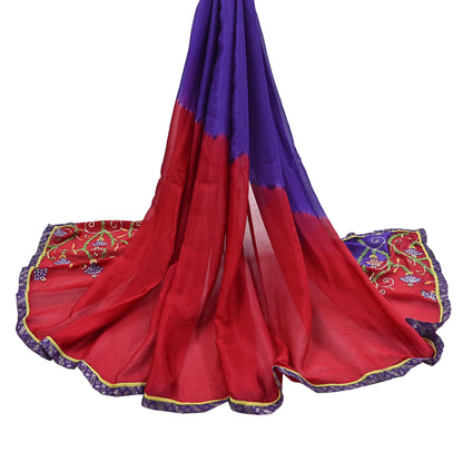 Indian Vintage Purple & Red Dupatta Pure Silk Long Stole Hand Embroidered Scarves Floral Design Stole Veil Wrap Sequins