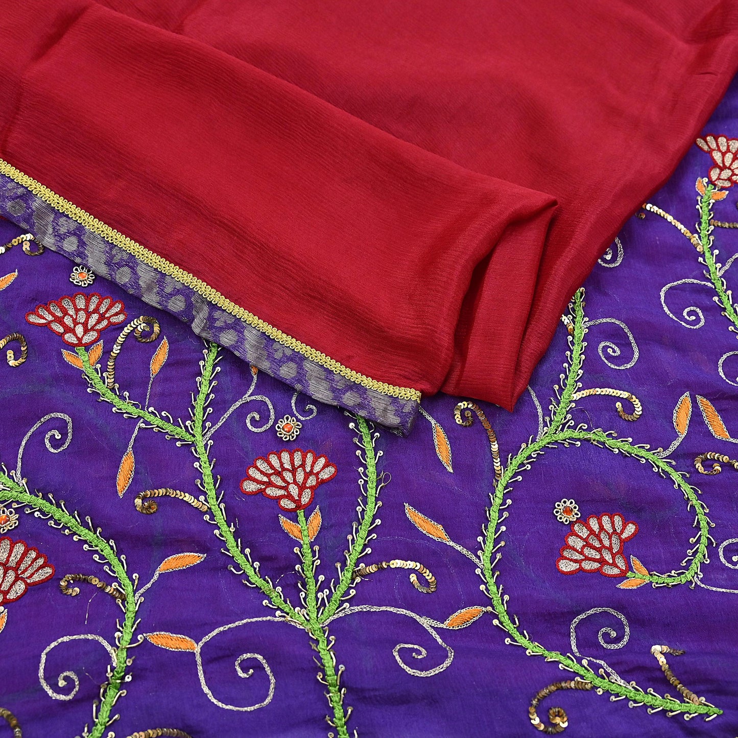 Indian Vintage Purple & Red Dupatta Pure Silk Long Stole Hand Embroidered Scarves Floral Design Stole Veil Wrap Sequins