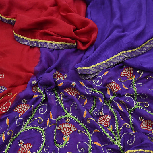 Indian Vintage Purple & Red Dupatta Pure Silk Long Stole Hand Embroidered Scarves Floral Design Stole Veil Wrap Sequins