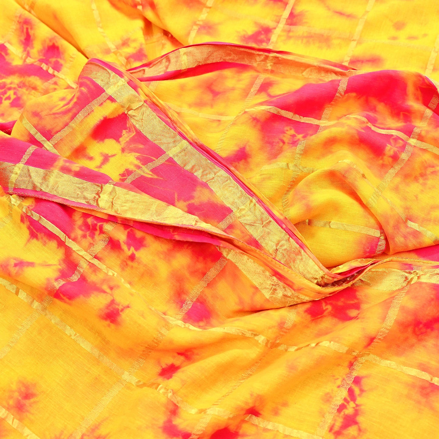 Indian Vintage Yellow & Pink Saree Pure Cotton Bandhani Print Woven Sari Craft Soft Fabric 5Yd Sewing Sarong Wrap Boho Abstract Design