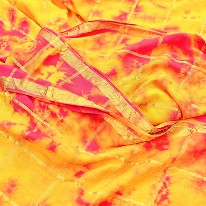 Indian Vintage Yellow & Pink Saree Pure Cotton Bandhani Print Woven Sari Craft Soft Fabric 5Yd Sewing Sarong Wrap Boho Abstract Design
