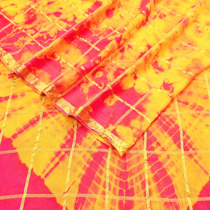 Indian Vintage Yellow & Pink Saree Pure Cotton Bandhani Print Woven Sari Craft Soft Fabric 5Yd Sewing Sarong Wrap Boho Abstract Design