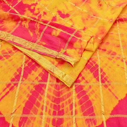 Indian Vintage Yellow & Pink Saree Pure Cotton Bandhani Print Woven Sari Craft Soft Fabric 5Yd Sewing Sarong Wrap Boho Abstract Design